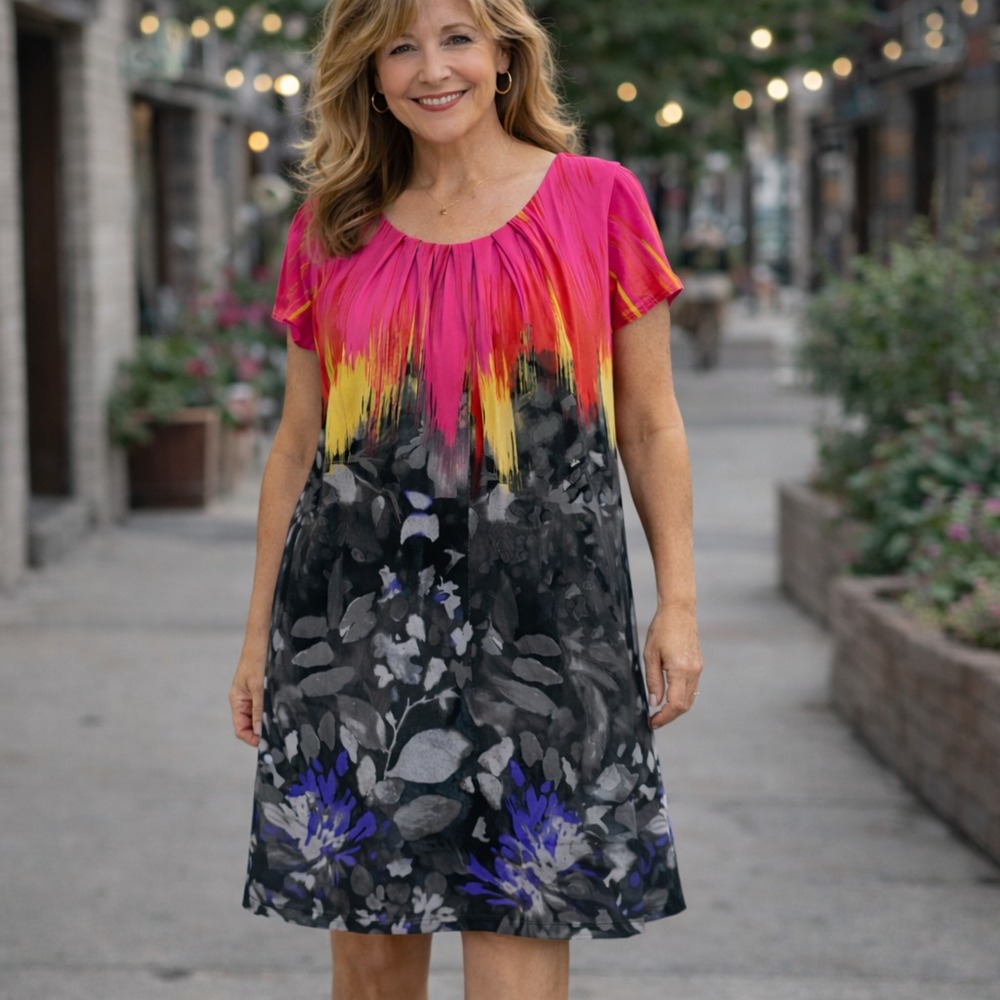 Alfani Abstract Midi Dress XL Pink Black No Iron Cap Sleeve Artsy Office Siren